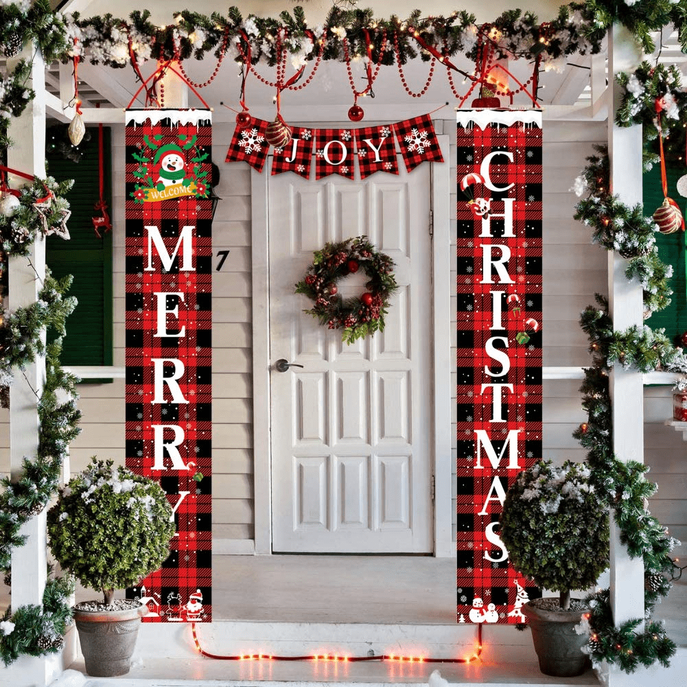 Merry Christmas Porch Sign, Welcome Snowman Joy Christmas Banners, Red Black Buffalo Plaid Porch Signs, Christmas Decorations for Home Wall Front Door Indoor and Outdoor - Walmart.com